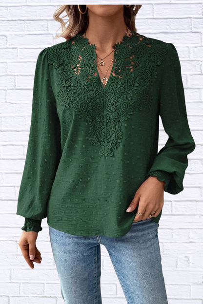 Swiss Dot Lace Detail Long Sleeve Blouse Black Forest XL