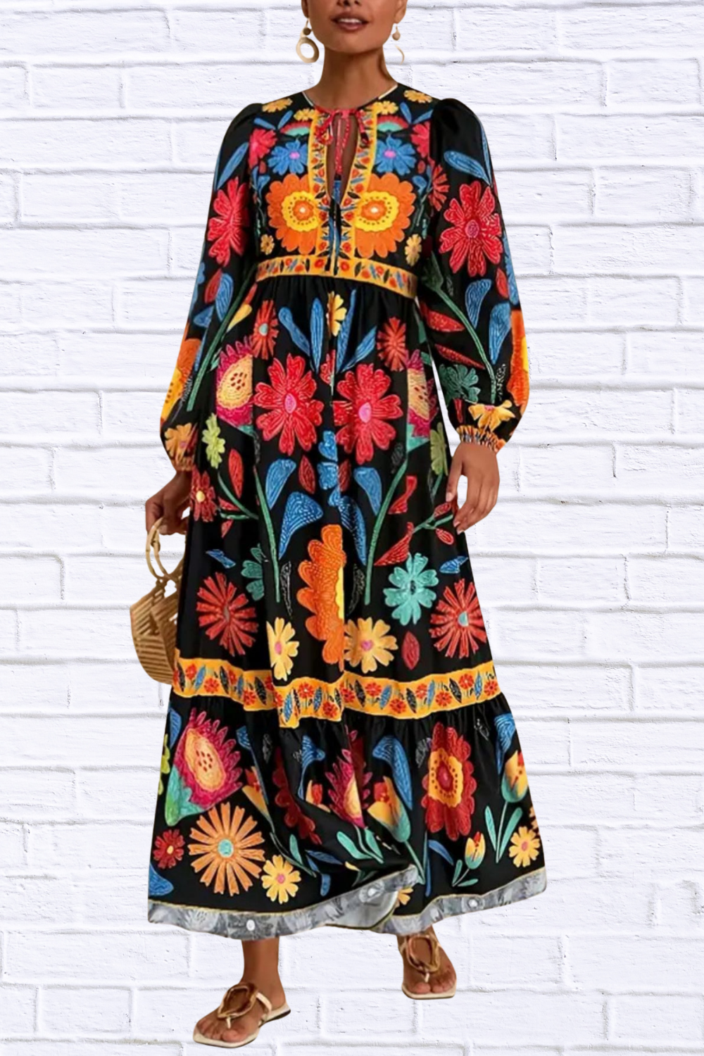 Floral Tie Waist Long Sleeve Dress Color 2