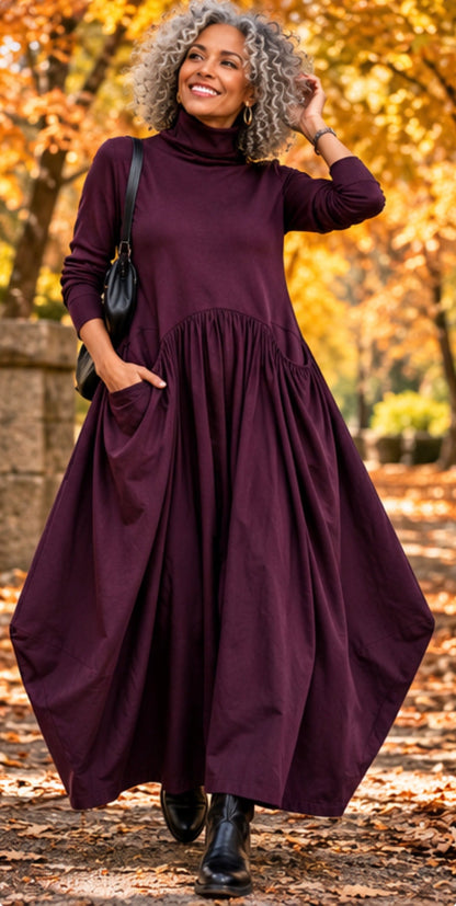 Turtleneck Maxi Dress with Long Sleeves and Pockets