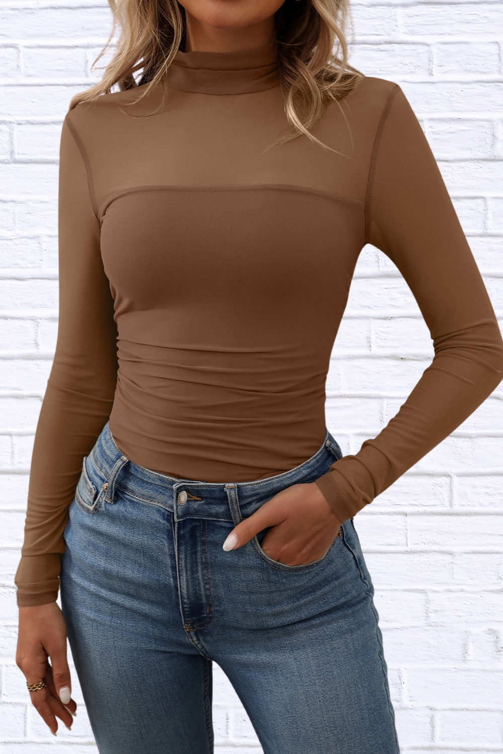 Mock Neck Long Sleeve Top Caramel
