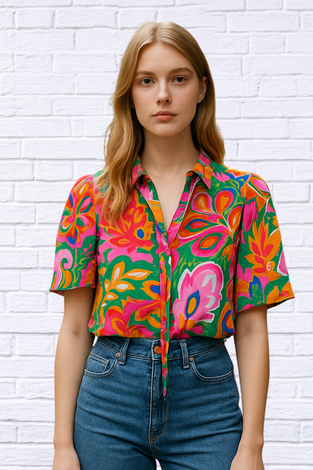Tropical Print Short Sleeve Tie Neck Blouse – Multicolor Rose