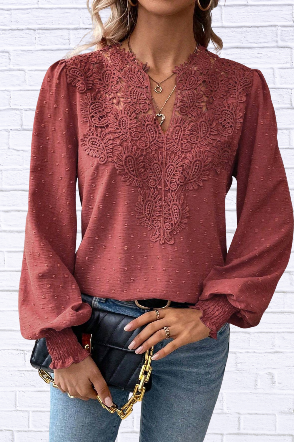 Swiss Dot Lace Detail Long Sleeve Blouse Rust