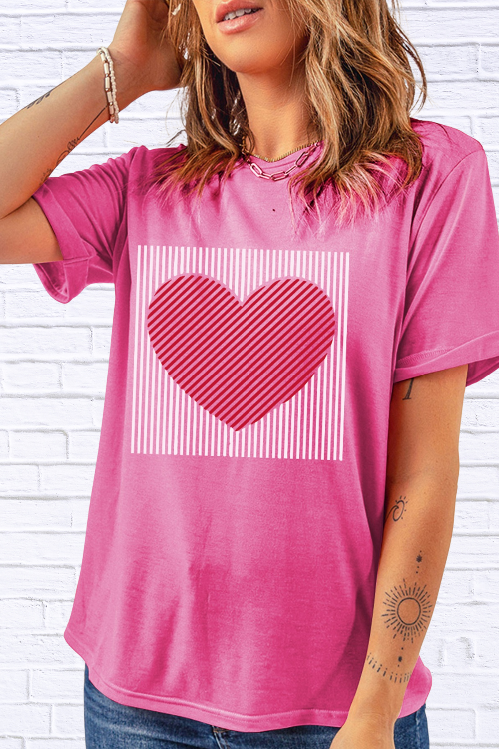 Contrast Striped Heart Printed Valentines Day T Shirt