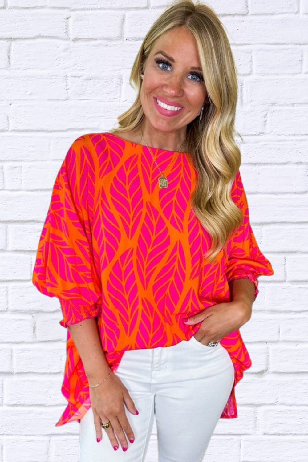 Women Leaf Print Smocked Puff Sleeve Blouse Red