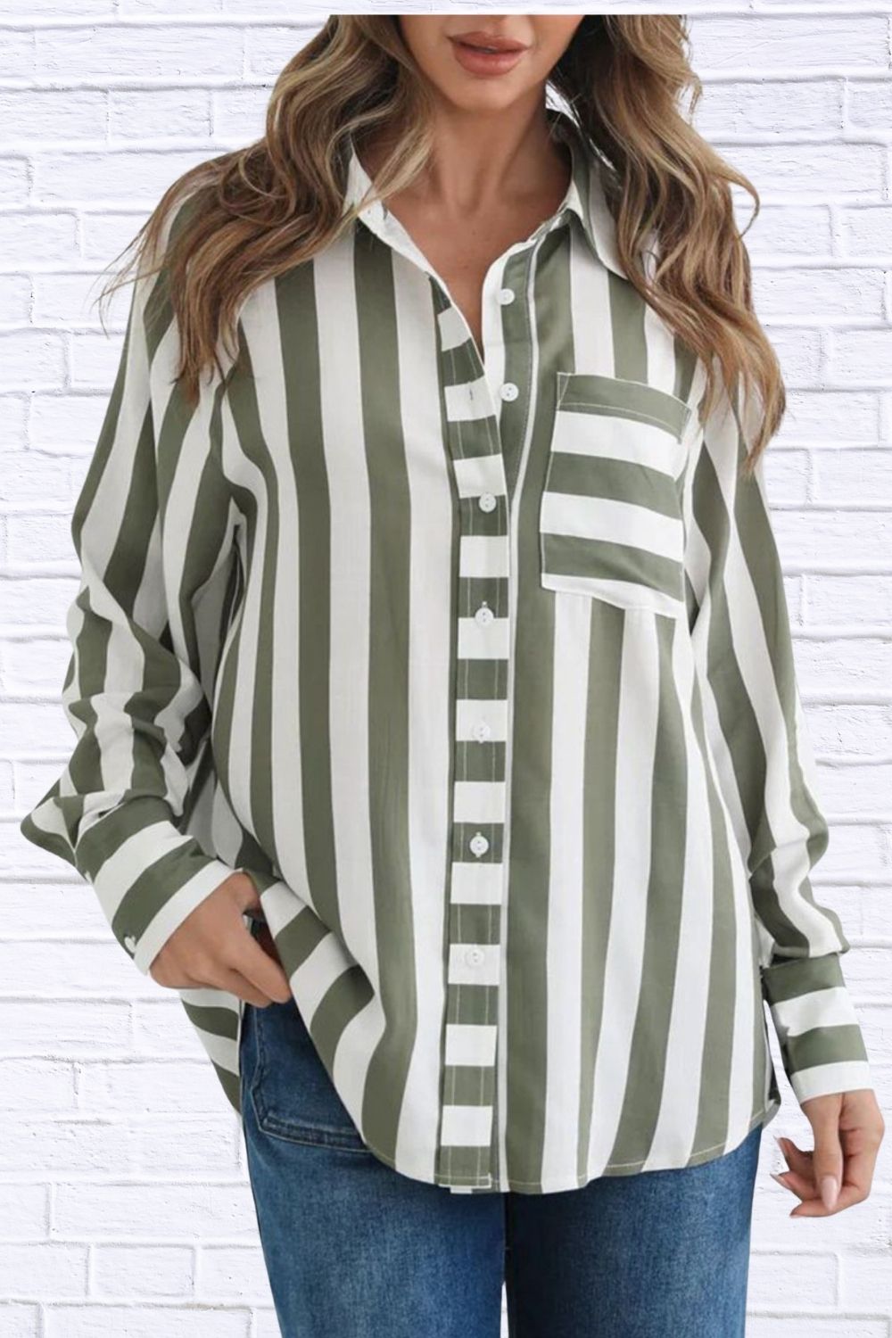 Striped Button-Down Shirt with Pockets for Women
