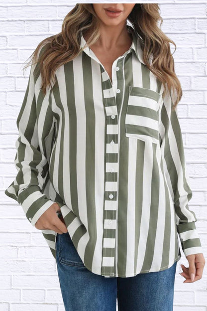 Striped Button-Down Shirt with Pockets for Women