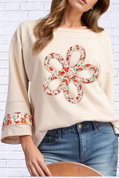 Exposed Seam Slit Floral Round Neck Blouse Ivory