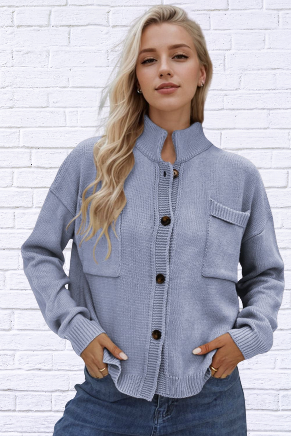 Button Up Long Sleeve Cardigan Light Blue