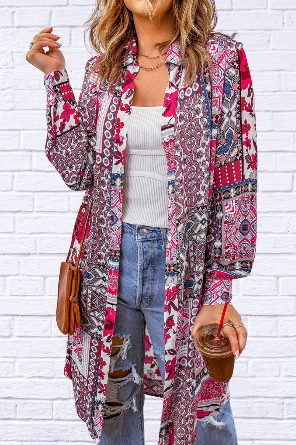 Printed Button Up Long Sleeve Top Hot Pink