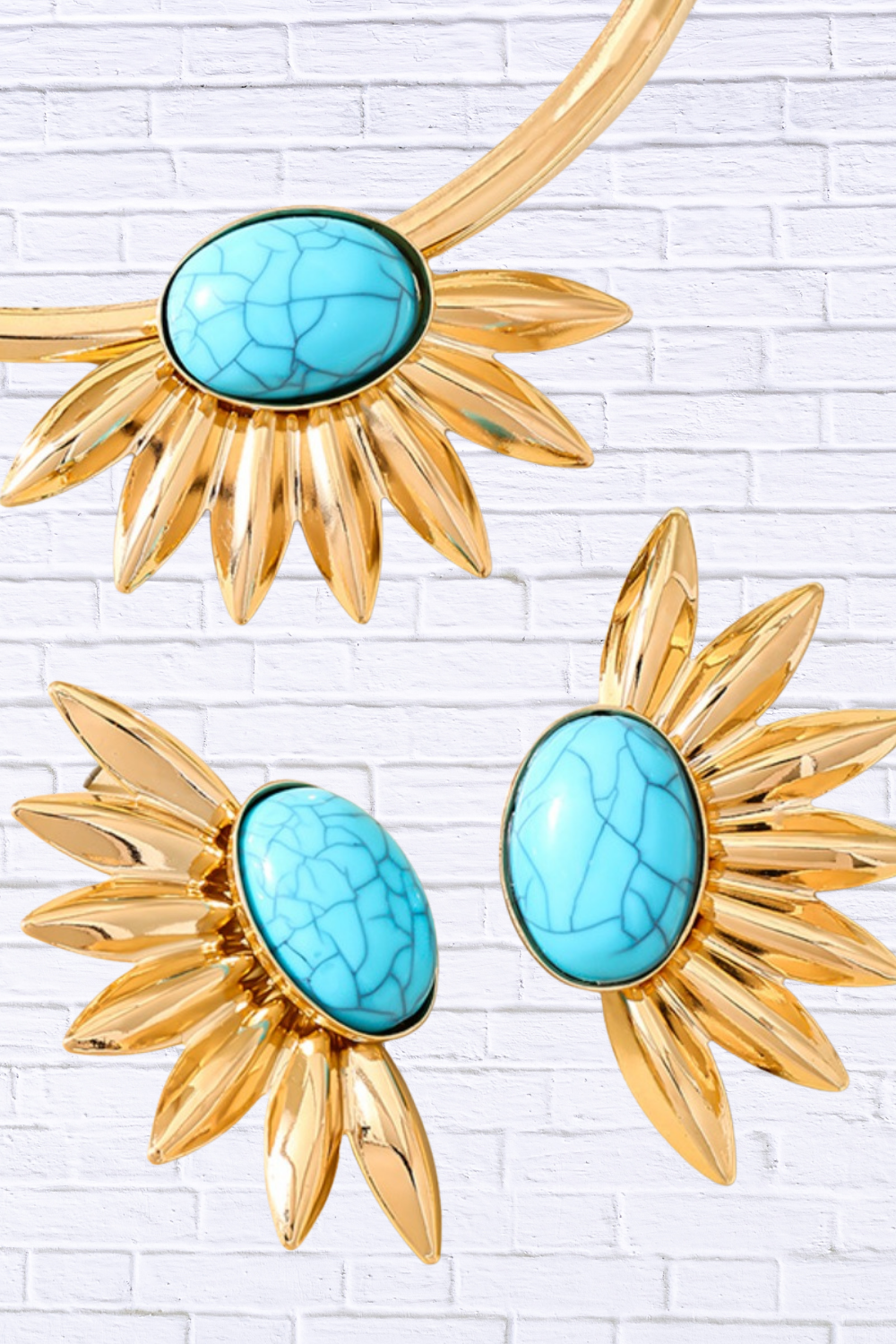 Turquoise Sunflower Necklace and Earrings Jewelry Set Gold One Size