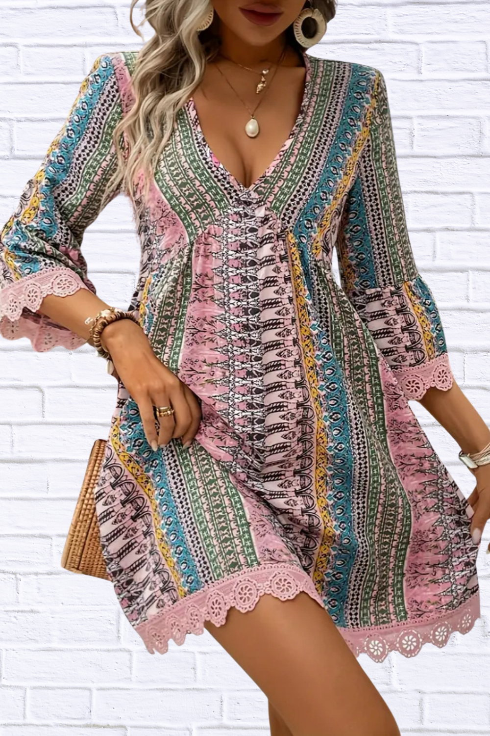 Lace Trim Printed V-Neck 3/4 Sleeve Dress Blush Pink