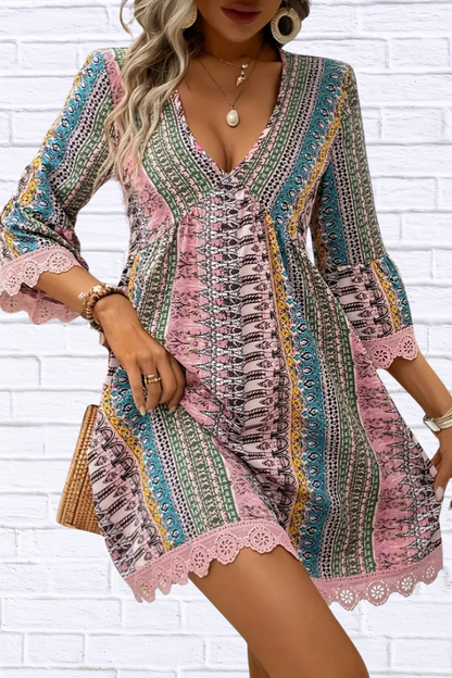 Lace Trim Printed V-Neck 3/4 Sleeve Dress Blush Pink