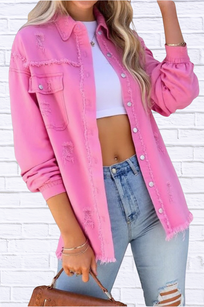 Distressed Denim Jacket with Frayed Edges Pink