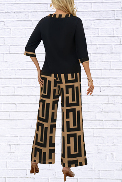 Geometric Print Round Neck Top and Pants Two-Piece Set