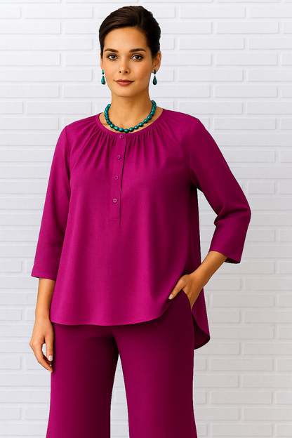 Diva USA Round Neck Button Up Three Quarter Sleeve Knit Top Magenta Solid