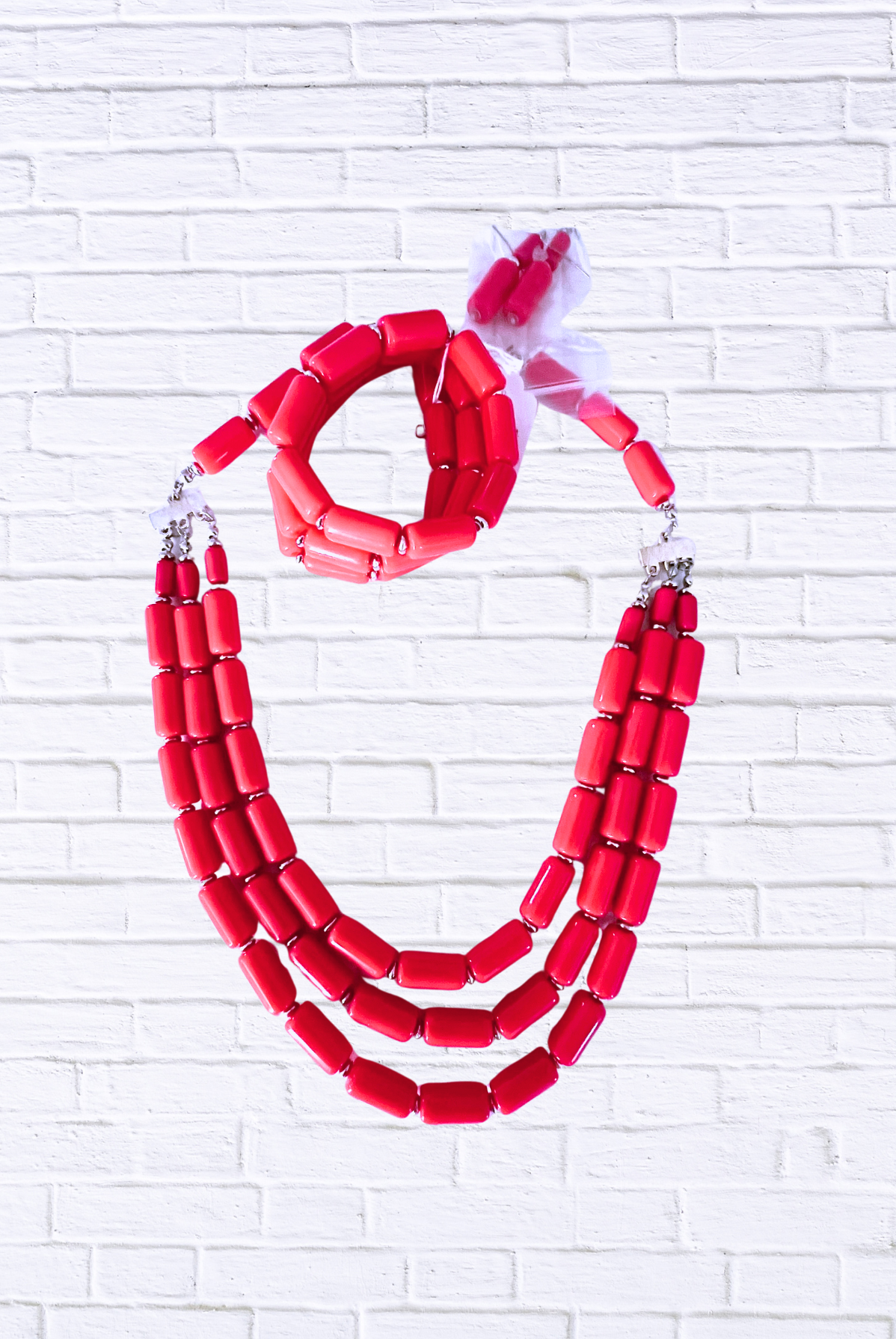 Bold Beaded Necklace & Bracelet Set – Triple Strand Statement Jewelry Fiery Pink