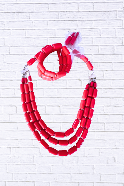 Bold Beaded Necklace & Bracelet Set – Triple Strand Statement Jewelry Fiery Pink