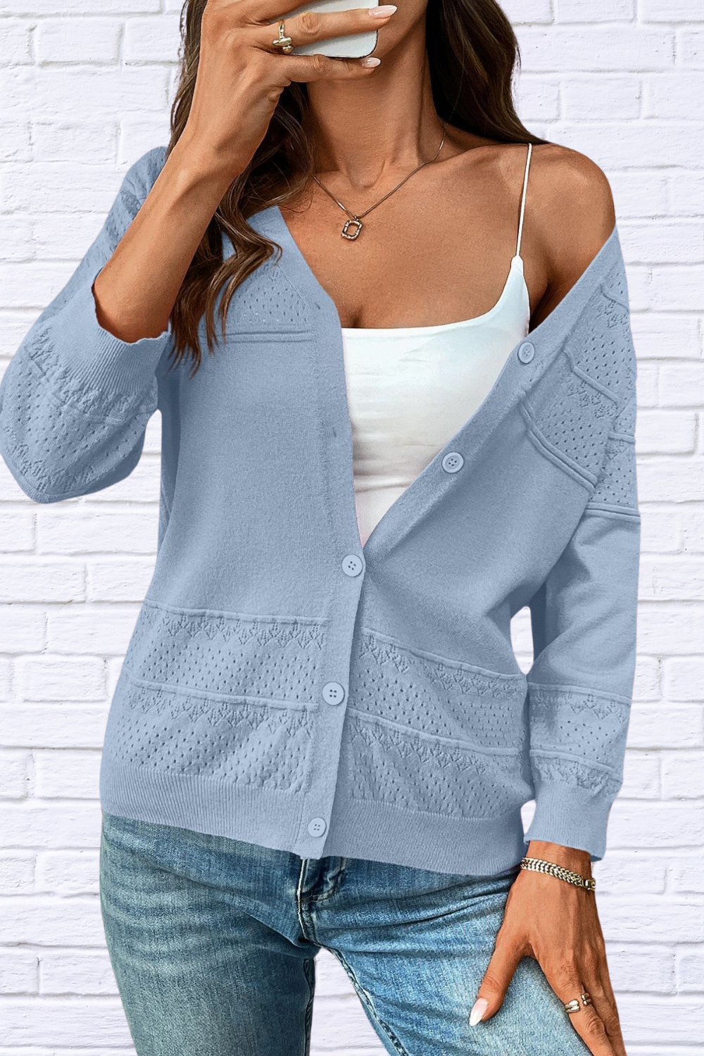Textured Button-Front Cardigan with 3/4 Sleeves Light Blue M
