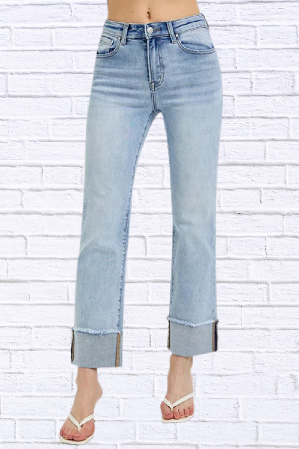 High Rise Straight Cuffed Relaxed Jeans Light