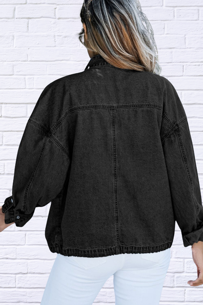 Drawstring Snap Down Denim Jacket with Chest Pockets