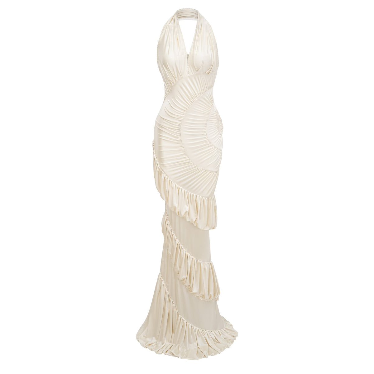 Vilhelmiina Cream White Halterneck Shirred Maxi Dress