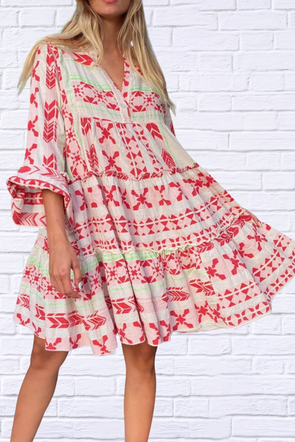 Printed Tierred Babydoll Dress Red