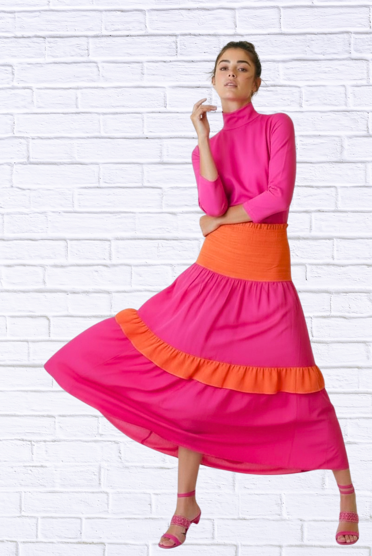 Hot Pink and Orange ColourBlock Smocked Ruffle Maxi Skirt