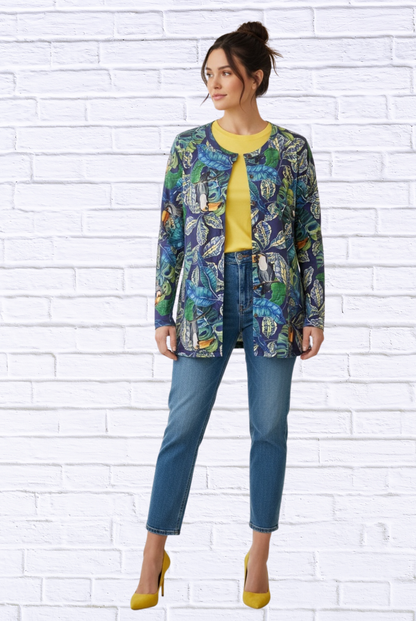 Tropical Print Button-Through Knit Cardi Top – Round Neck Lightweight Layering Piece Tropical Floral 36