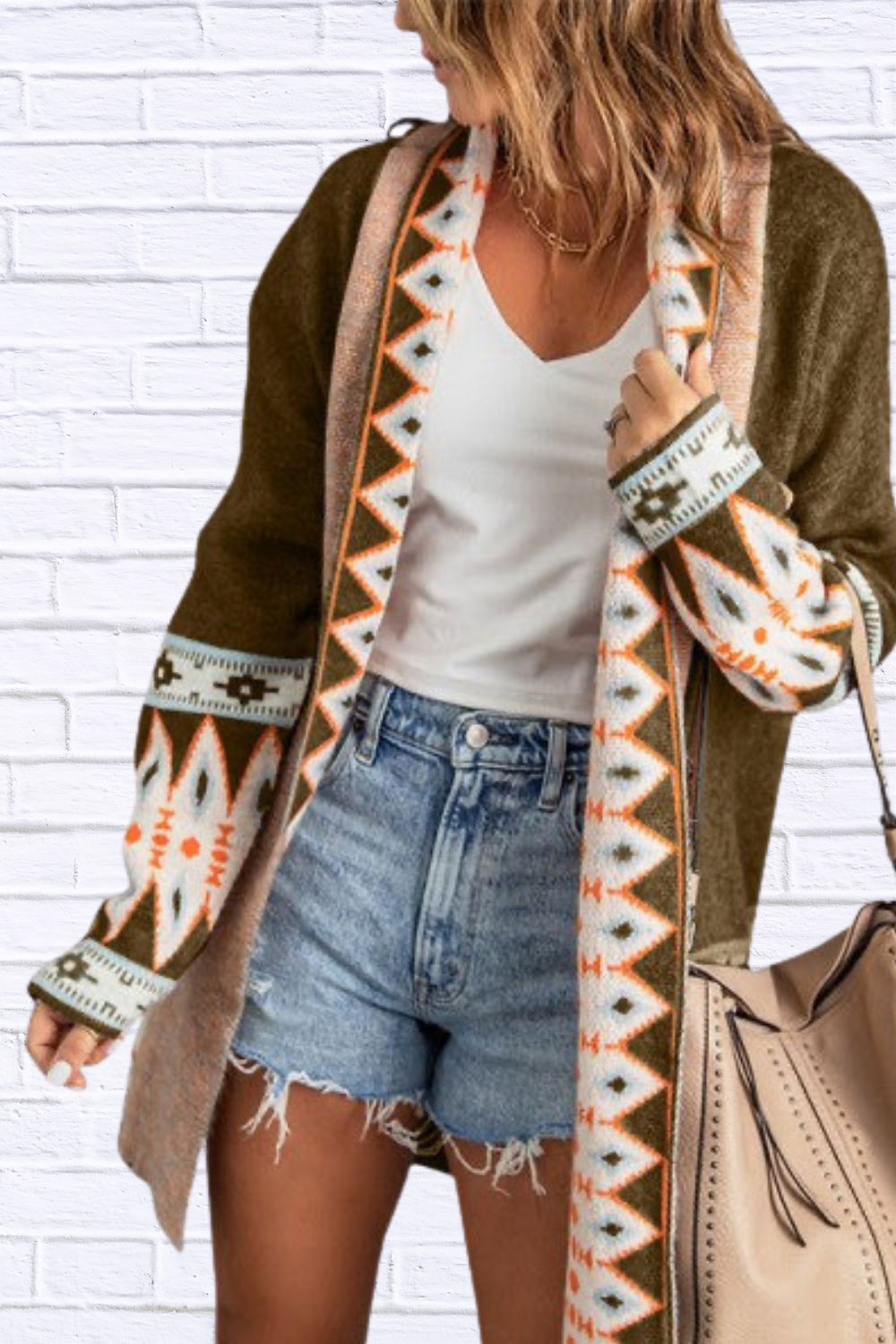 Aztec Print Open Front Knitted Cardigan Dark green