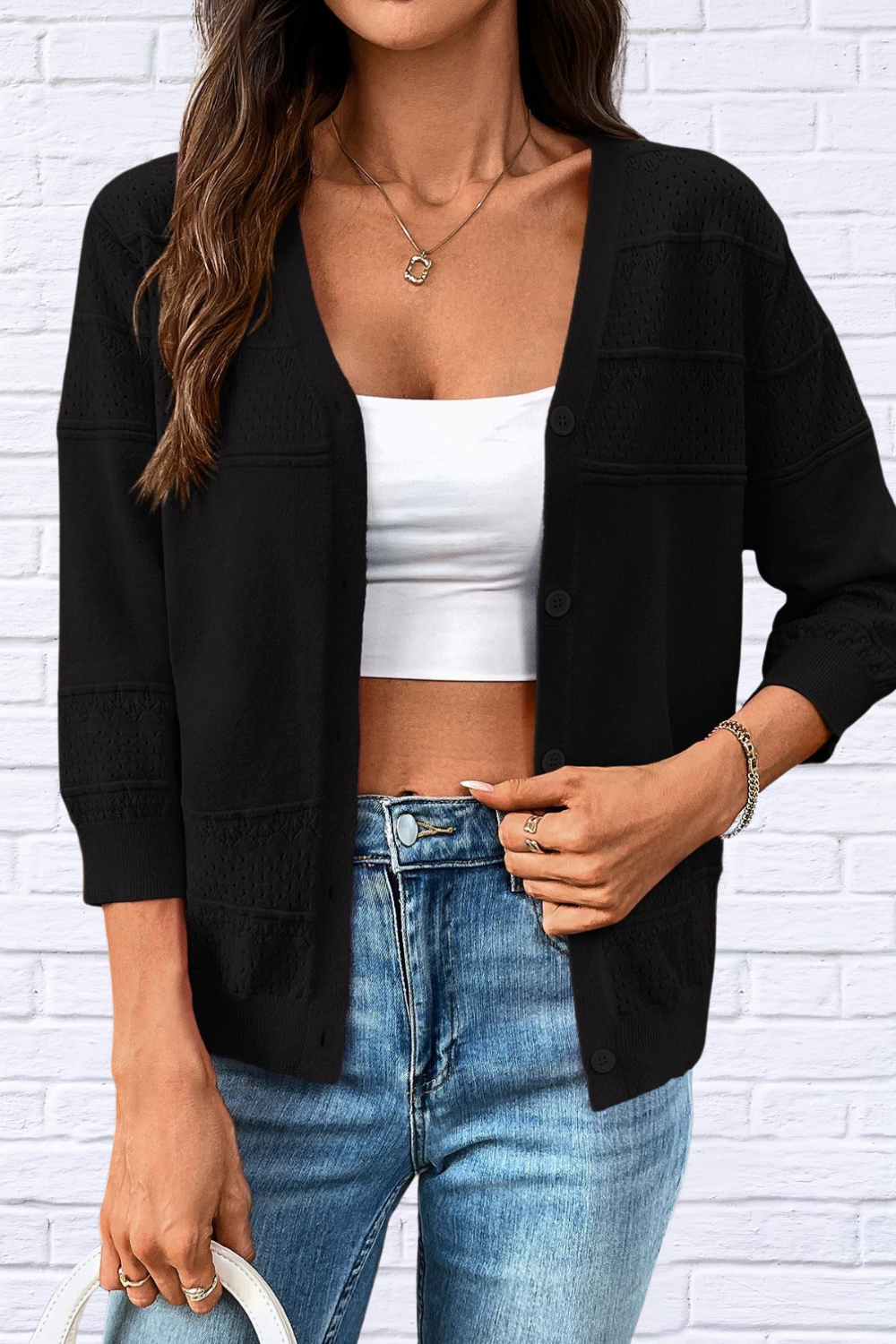 Textured Button-Front Cardigan with 3/4 Sleeves Black
