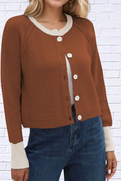 Contrast Button Up Long Sleeve Cardigan Brown