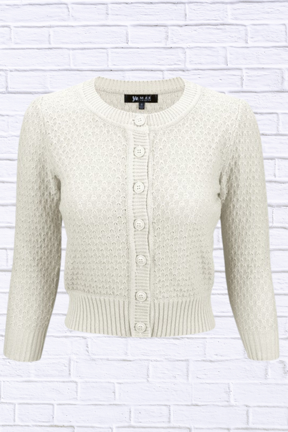 3/4 Sleeve Cute Pattern Cropped Cardigan Sweater Ivory