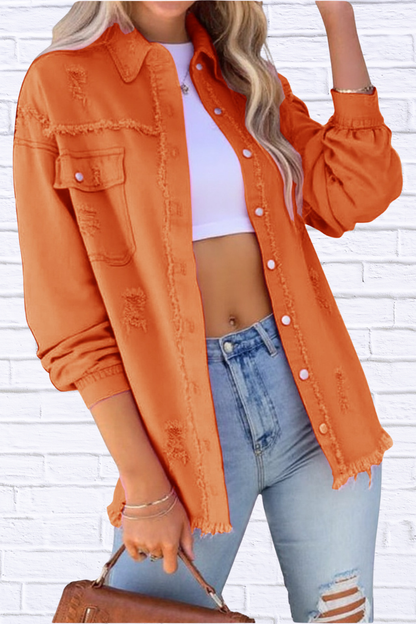 Distressed Denim Jacket with Frayed Edges Orange