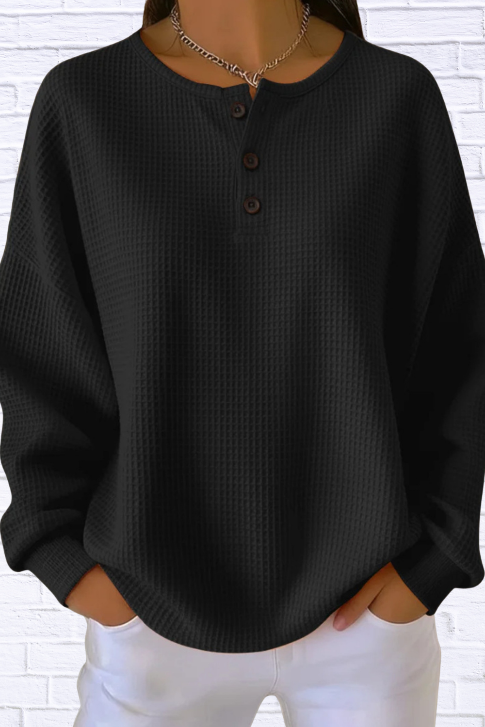 Full Size Waffle Knit Button Detail Top Plus Size Black