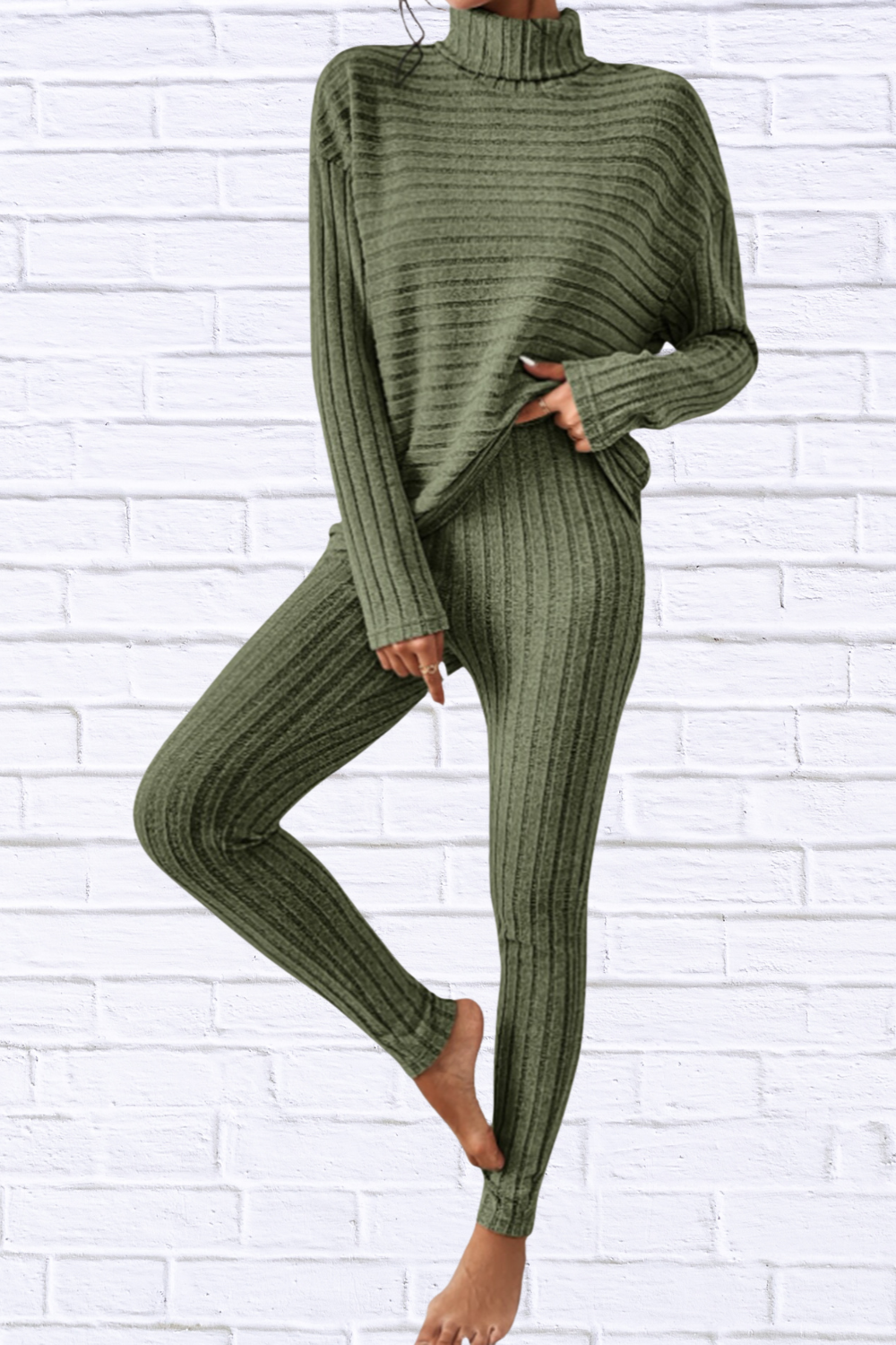 Ribbed Turtleneck Top and Pants Set Matcha Green