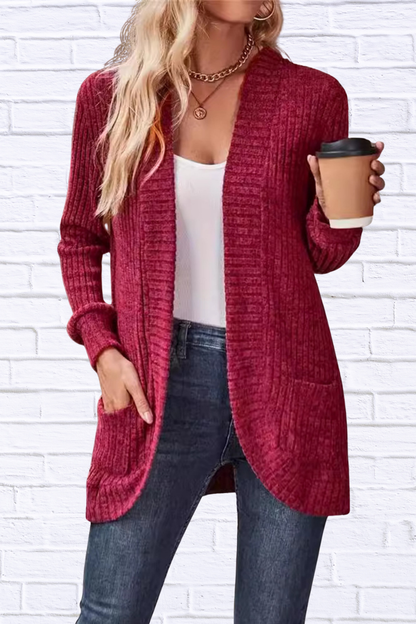 Ribbed Open Front Long Cardigan with Pockets Burgundy M