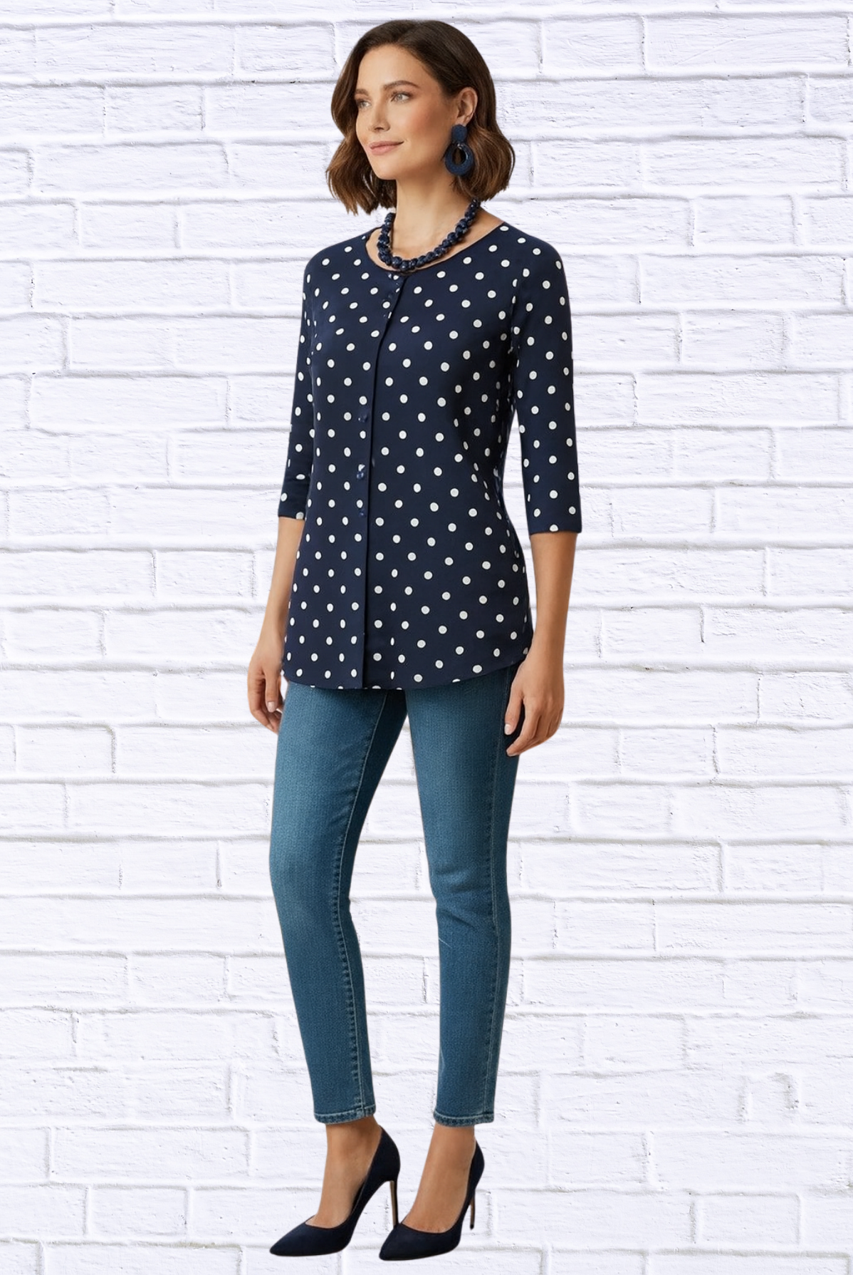 Navy Polka Dot Button-Up Top – Classic Round Neck 3/4 Sleeve Blouse Navy Dot 32