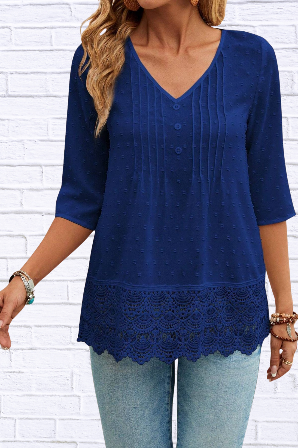 Lace Hem V-Neck Blouse Blue