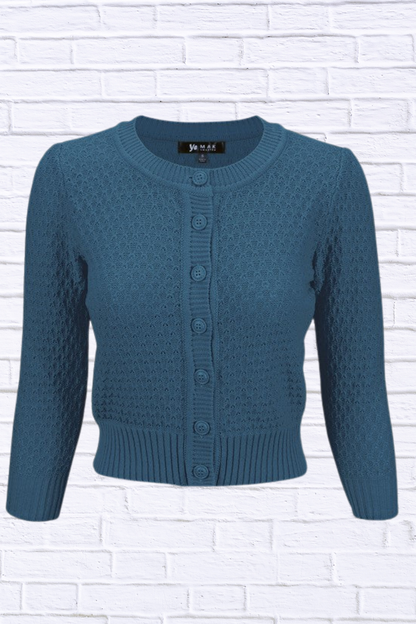 3/4 Sleeve Cute Pattern Cropped Cardigan Sweater Teal Blue