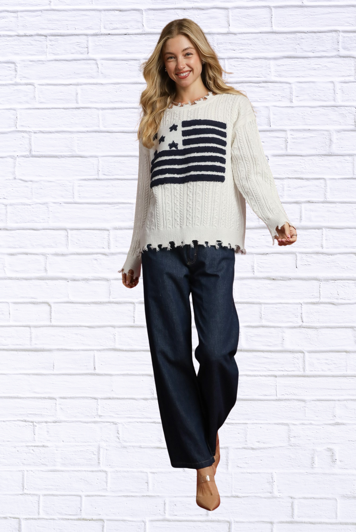 Umgee Distressed American Flag Sweater