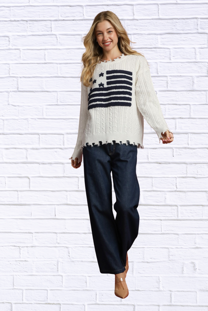 Umgee Distressed American Flag Sweater