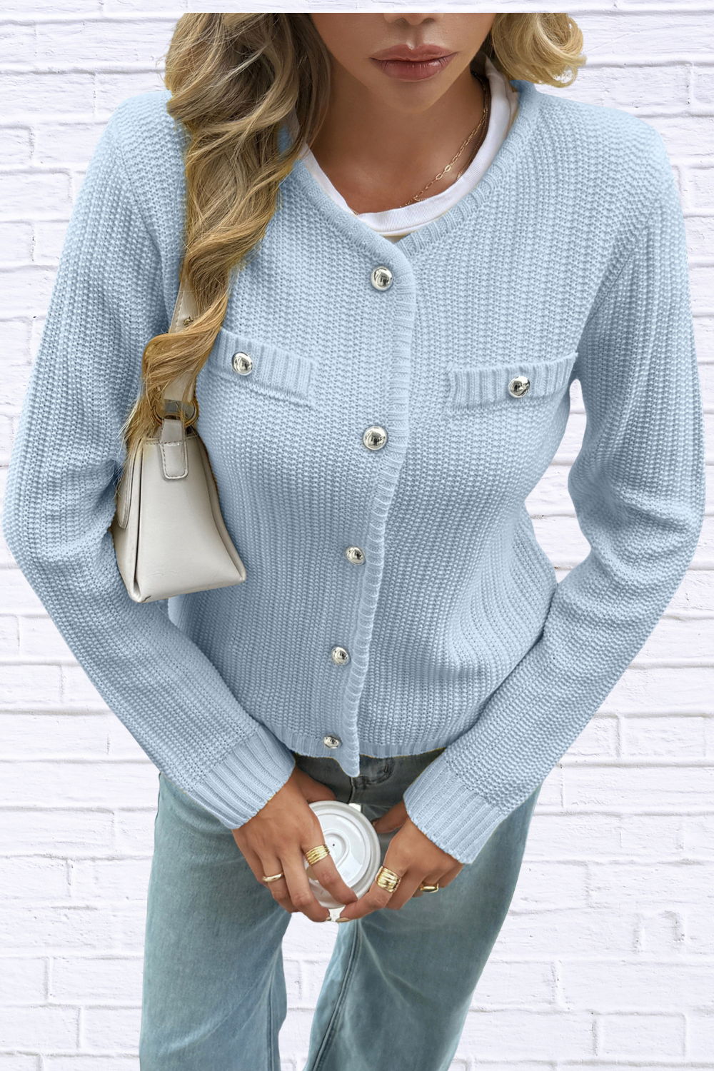 Front Ribbed Long Sleeve Cardigan Blue M