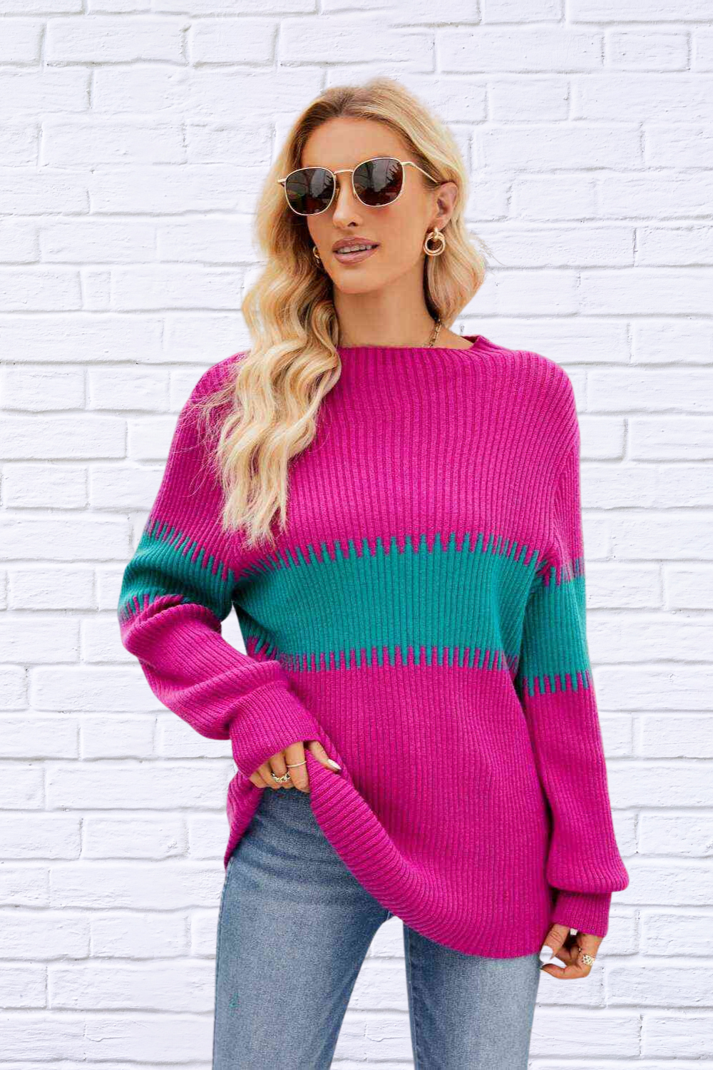 Contrast pink and Teal Round Neck Sweater Hot Pink