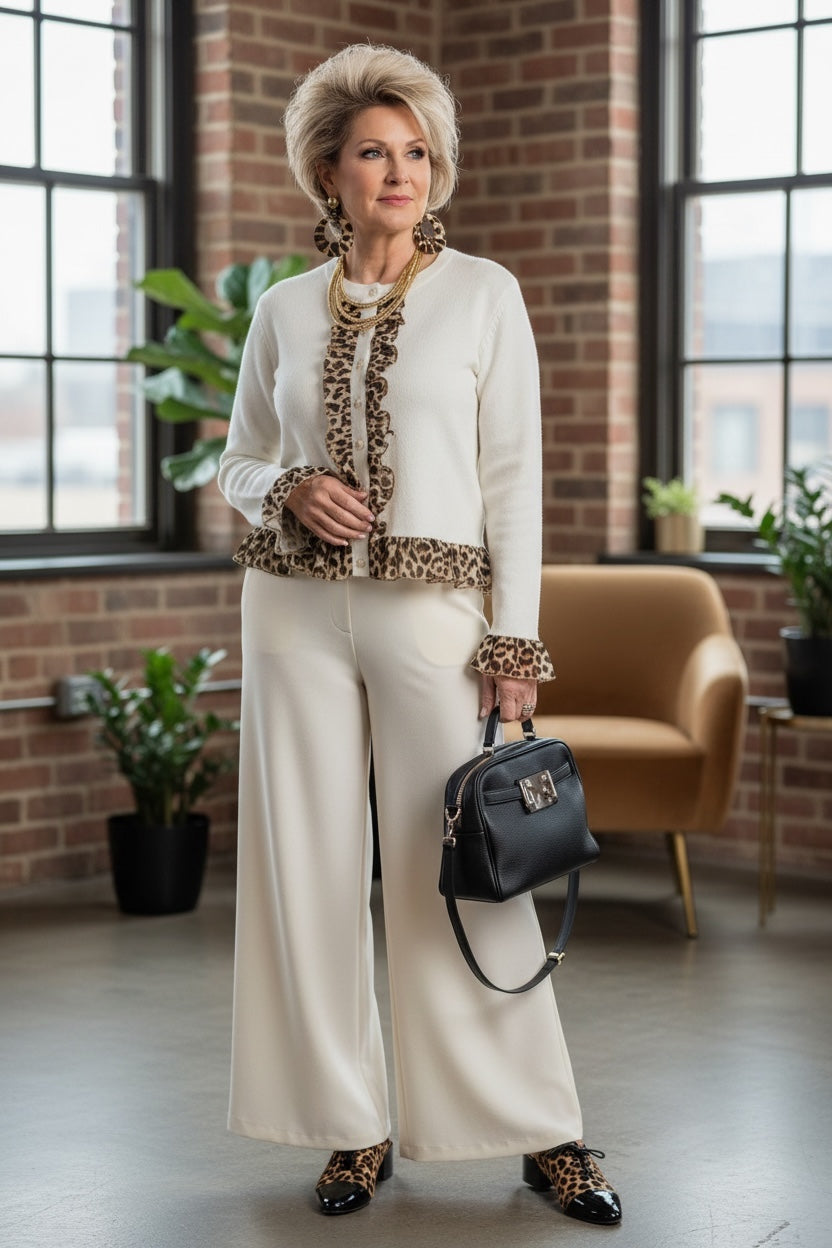 Leopard Trim Ruffle Cardigan – Buttoned Contrast Ruffle & Chic Stretch Fit