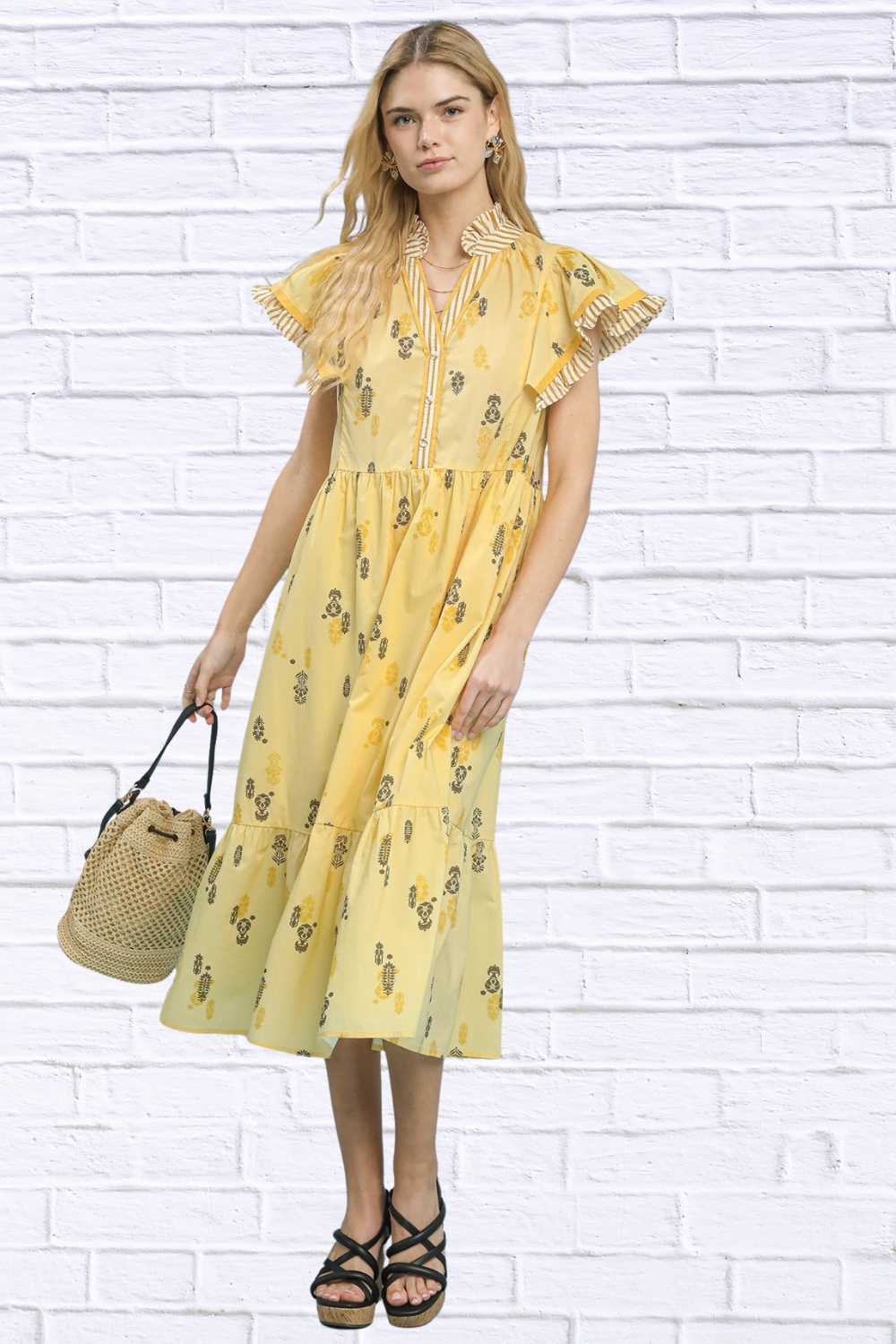 Umgee Floral Ruffle Sleeve Tiered Midi Dress