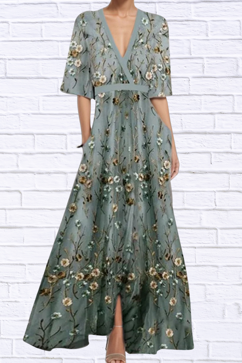 Floral Print Half Sleeve Maxi Dress Matcha Green