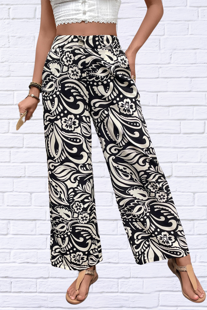 Printed Foliage Black and White Wide Leg Pants Black