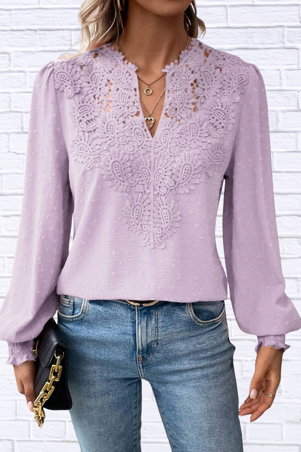Swiss Dot Lace Detail Long Sleeve Blouse Pink Purple