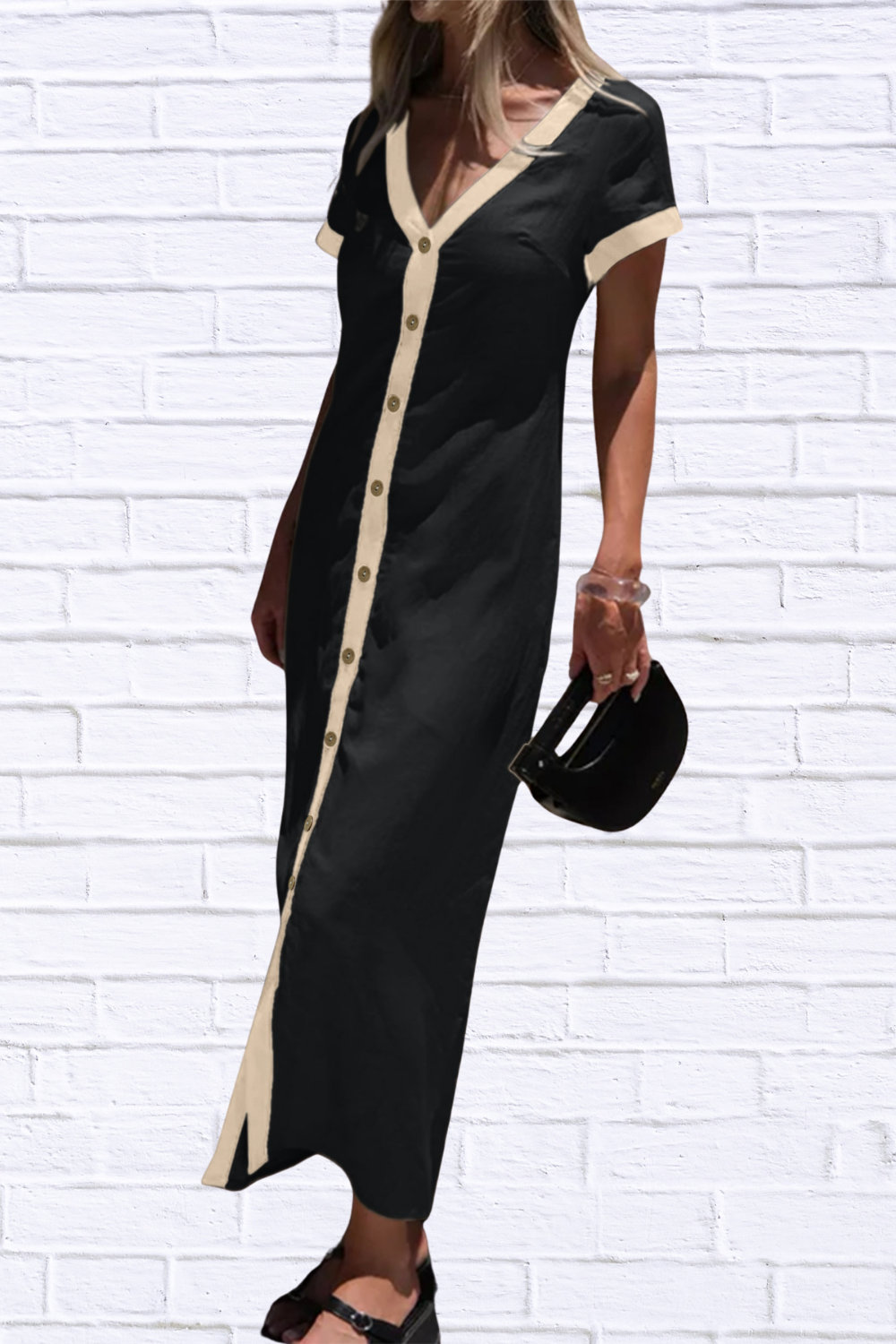 Button-Front Contrast Trim Midi Dress Black M