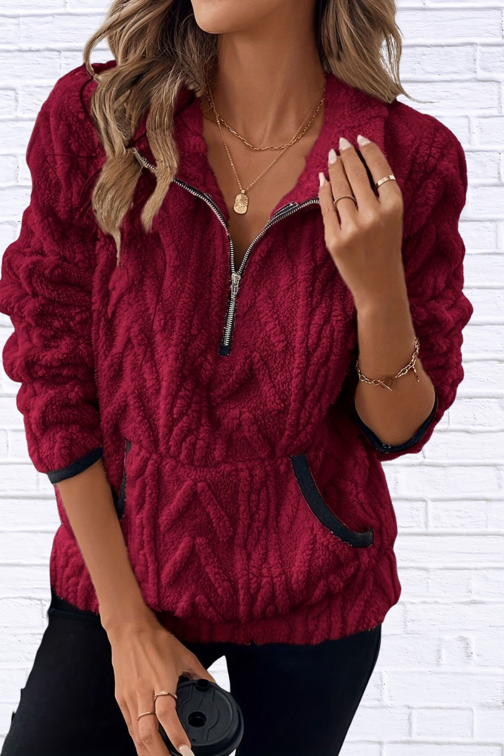 Full Size Half Zip Kangaroo Pocket Sweatshirt Plus Size